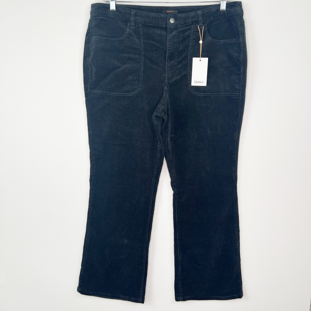 New QUINCE Black Organic Cozy Soft Stretch Corduroy Flare Pant Inseam 30"  Sz 16